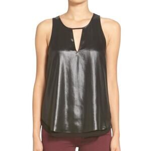 TROUVE Metallic Silk Tank Top Jewel Neck Split-Back Relaxed Fit Black Size XS
